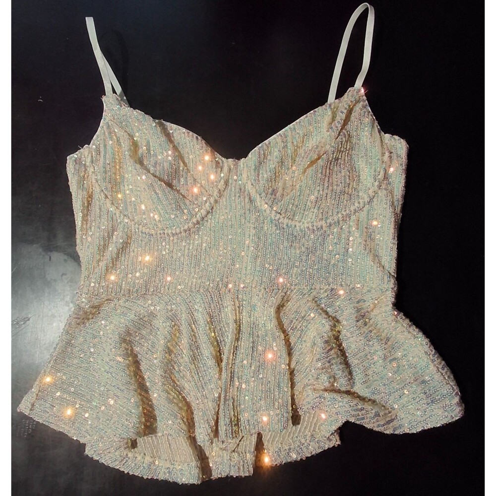 Privy Privately Priviledged Cream Base Fabric w Gold Sequins Camisole Sz Medium